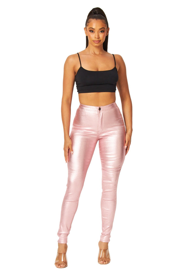 Super High Waisted Faux Leather Stretchy Skinny Jeans - Metallic Rose